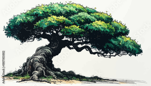 A beautiful illustration of an ancient, gnarled tree, symbolizing enduring life, strength, and the timeless wisdom of nature with its vibrant green canopy