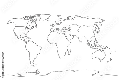 Simple outline of the world map showing continents and coastlines clearly