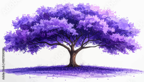 A majestic purple jacaranda tree in full bloom, its vibrant canopy a breathtaking display of natural beauty against a clean white background, creating a serene and visually stunning scene