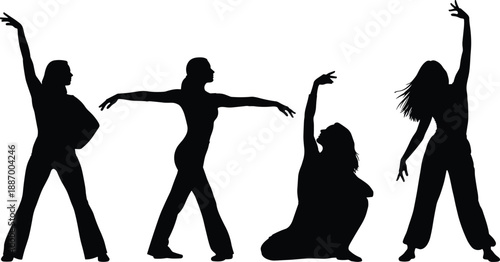 Silhouettes of dancers in expressive poses showcasing movement, emotion, and posture for performing arts, motion, and vector design content
