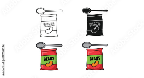 Four bags of beans with spoon on top in different colors