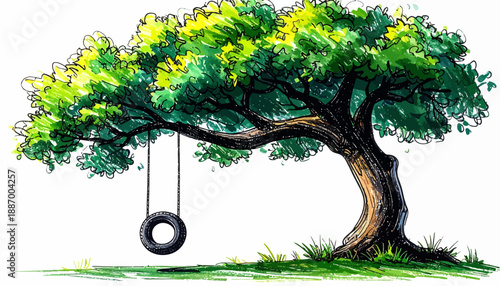 Lush green tree with a hanging tire swing, a timeless symbol of innocent childhood, outdoor recreation, and the serenity of nature's embrace in a hand-drawn style