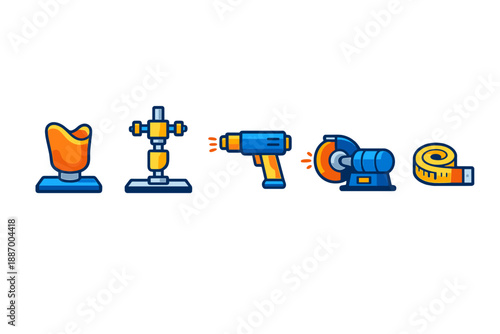 Various tools and equipment for construction and repair work displayed in a row on a white background including a mannequin and measuring tape