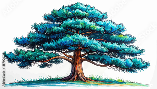 Vibrant Evergreen Pine Tree with Blue-Green Needles and Detailed Bark, Standing Tall in a Lush Field