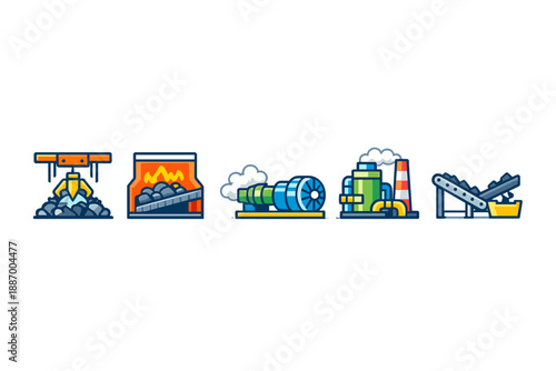 Various mining and industrial activities shown in simple illustrations, including coal handling, power generation, and material transport