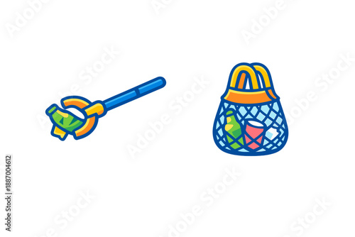 Tool for collecting waste and a bag holding various recyclables in a brightly colored graphic design