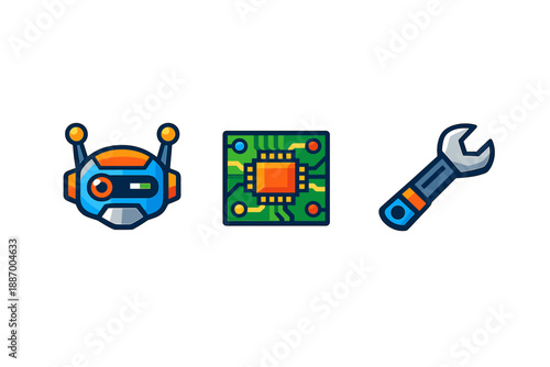 Design of robot, circuit board, and tool on a simple background with no additional elements or distractions during daylight hours