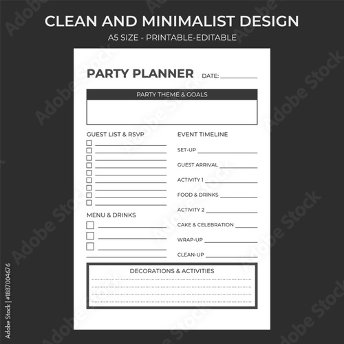 Minimalist Party Planner Template A5 Size Printable Event Planning Sheet with Guest List Timeline and Menu Sections for Birthdays and Celebrations