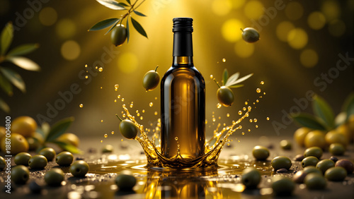 high end glass bottle of extra virgin olive oil featuring a dynamic golden splash and ripples. surrounded by fresh green olives on a dark surface with warm sunlit bokeh background.