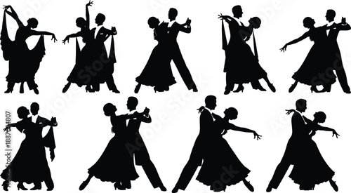 Elegant ballroom dance couple silhouettes performing classic waltz and tango poses, isolated on white background, concept of passion, romance, movement, choreography and professional dancing art