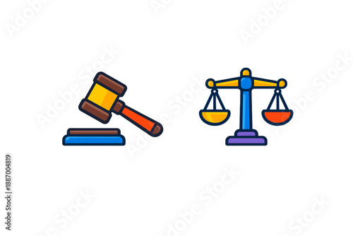 Legal symbols show a gavel and balanced scales representing justice and law in a simple design on a white background