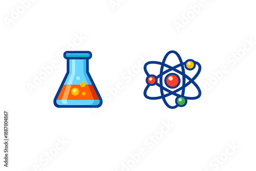 Colorful lab flask and atom symbol represent science and chemistry in a simple design often used in educational materials