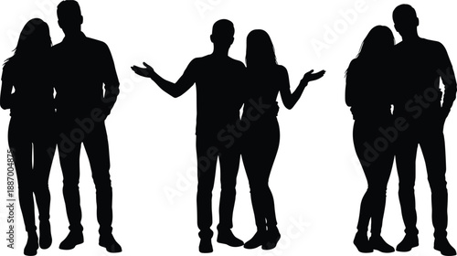 Group of romantic couple silhouettes standing together, expressing confusion and affection, modern relationship concept isolated on white background for love, dating