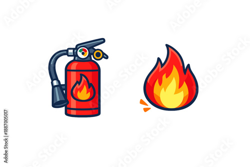 Fire extinguisher and fire icon showing tools for safety and fire control in emergency situations