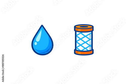 Blue drop of water next to a spool of thread in a simple design showing two everyday items with basic shapes and colors