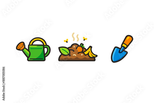 Gardening tools and items on a clean background showing a watering can, soil with fruits, and a garden trowel