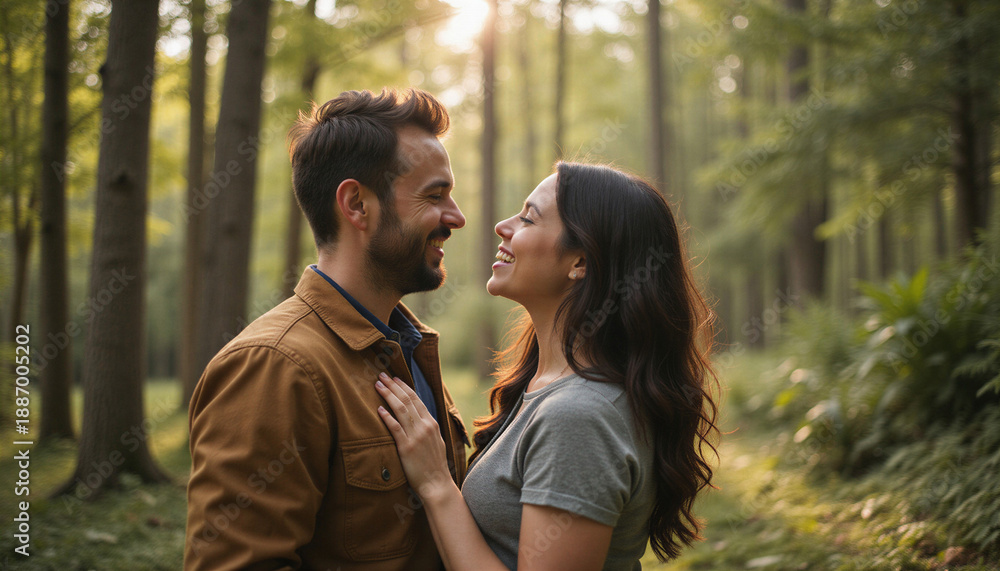 Fototapeta premium A young man and woman stand facing each other in the forest. Their faces are illuminated by soft, warm sunlight. They both smile and look at each other with tenderness and love.
