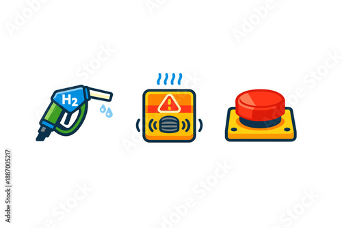 Hydrogen fuel nozzle, alarm indicator, and emergency stop button displayed together in a design for safety in energy contexts