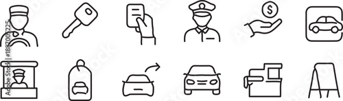 car dealer showroom black line icons set vector illustration design collection 