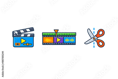 Tools used for video editing and production in a creative workspace showing a clapperboard, timeline, and scissors