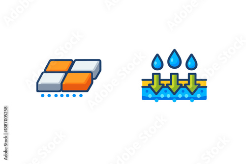 Symbols show tile layout on left and water absorption process on right, representing aspects of construction and material functions in a simple design