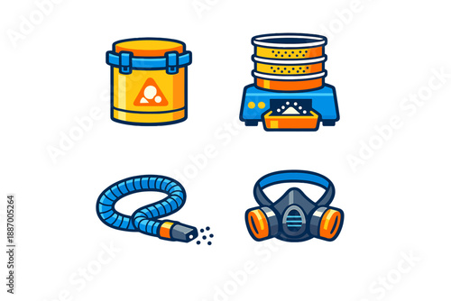 Tools for handling hazardous materials in a work environment show safety equipment and containers for safe practices in industrial settings