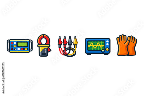 Different tools for electrical work are shown in a set of illustrations including a multimeter, clamp meter, test leads, oscilloscope, and gloves used for safety