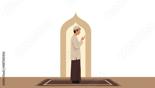 Muslim man praying standing alone on prayer mat in a simple minimalist white and brown mosque setting