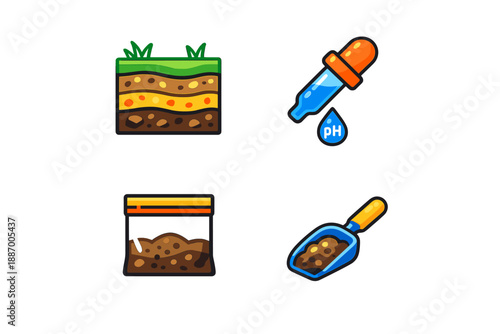 Soil testing tools and samples shown in a clean layout for educational purposes, allowing for a study on soil composition and pH levels in various environments