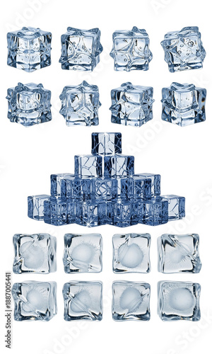 Ice cubes isolated, Fresh blue ice cubes collection, Collection set of cold ice cubes isolated