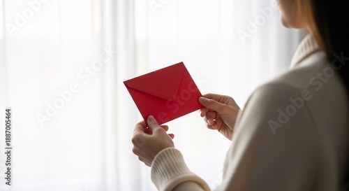 Woman holding red envelope with copy space