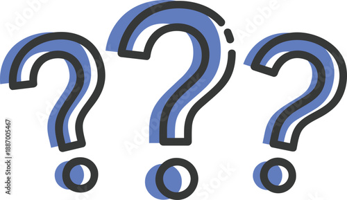 Three blue question marks with black outline on white background
