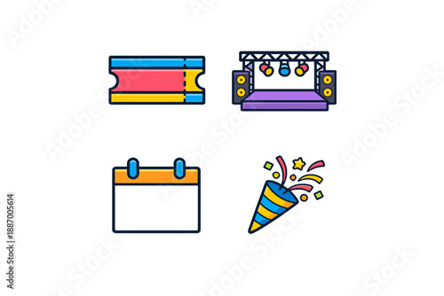 Event ticket details with stage setup and celebration elements shown in simple graphics during a festive occasion