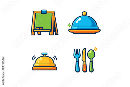 Various items related to food service, including a serving dish, a bell, utensils, and a blank menu board showing a dining theme in simple design