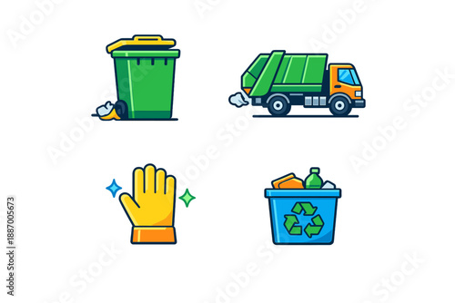 Collection of waste management tools showing a trash bin, garbage truck, gloves, and recycling bin with items to promote cleanliness and environmental care