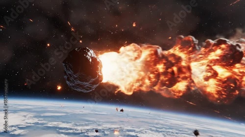 Asteroid Impact Explosion in Space Near Earth.