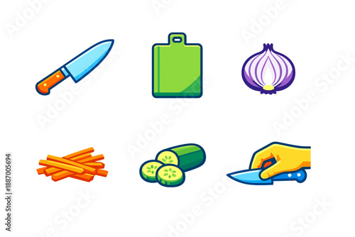 Cutting vegetables with a knife on a chopping board during meal preparation in a kitchen setting