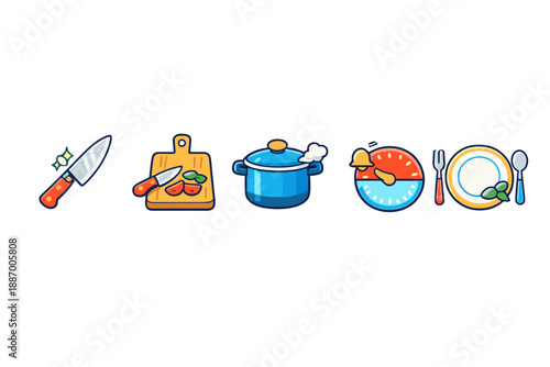Cooking process with knife, cutting board, pot, timer, and plate showing steps from preparation to serving food