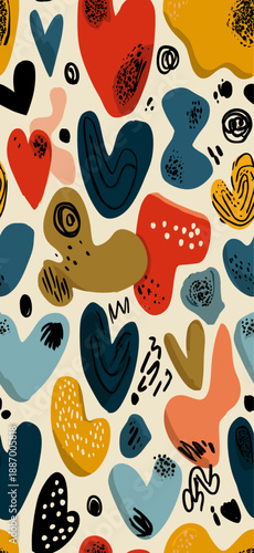Hearts in a cute retro doodle style creating a vibrant seamless pattern. Seamless heart pattern representing love and romance