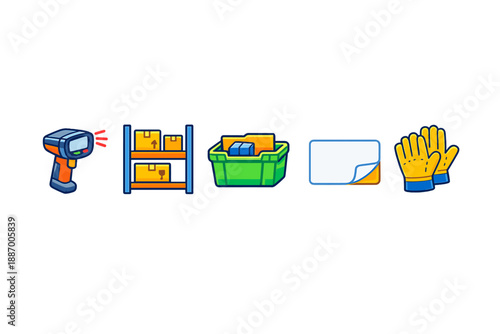 Tools and supplies used in a warehouse for inventory management and safety during work tasks to organize items and ensure efficiency in operations