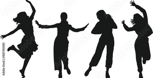Silhouettes of dancers in expressive and energetic poses showcasing movement, individuality, and emotion for dance, motion, and vector design content