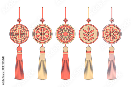Set of traditional korean ornaments with tassels, oriental decorative elements isolated on transparent background.