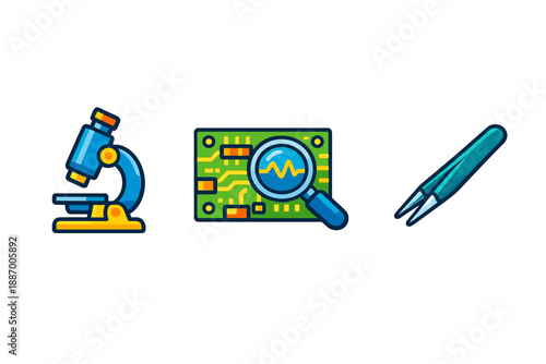 Scientific tools for research and analysis in a lab setting used for studying microorganisms and electronic circuits