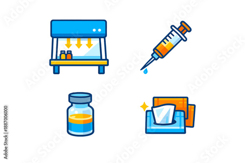 Different medical tools and materials used for vaccinations and treatments shown against a plain background