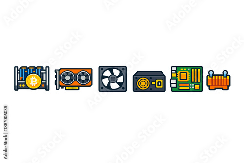 Different types of computer hardware related to cryptocurrency mining are arranged in a row showing various components needed for mining operations and setups