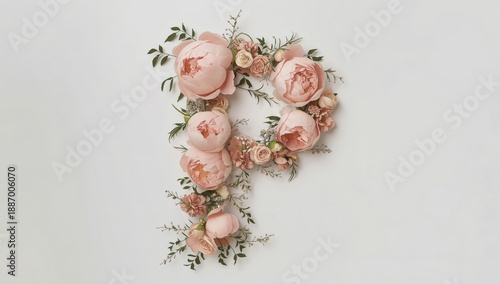 Floral arrangement forming the letter p with delicate pink and peach blooms and greenery