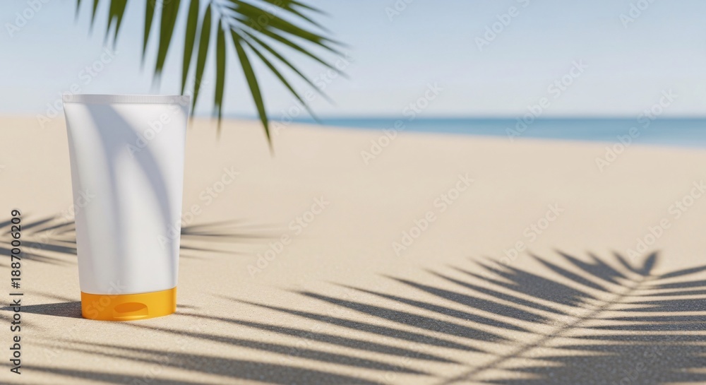 Obraz premium Sunscreen tube Mockup on sandy beach with palm leaf shadow with copy space