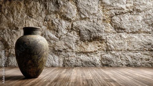Ancient stone vase rests on a wooden floor against a rough stone wall.