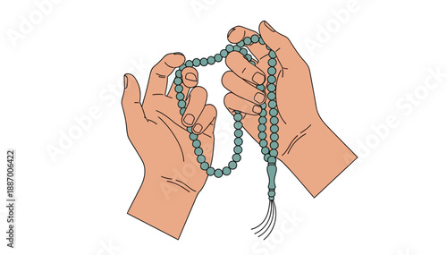 Human hands holding green prayer beads during spiritual ceremony on a clear white background graphic