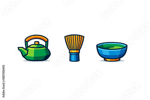 Tea ceremony tools are arranged in a row showing a teapot, a whisk, and a bowl used to prepare matcha in a traditional style